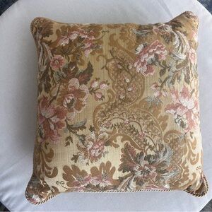 Large Floral Tapestry Throw Pillow Gold Rope Piping Victorian Cottage Mauve Pink
